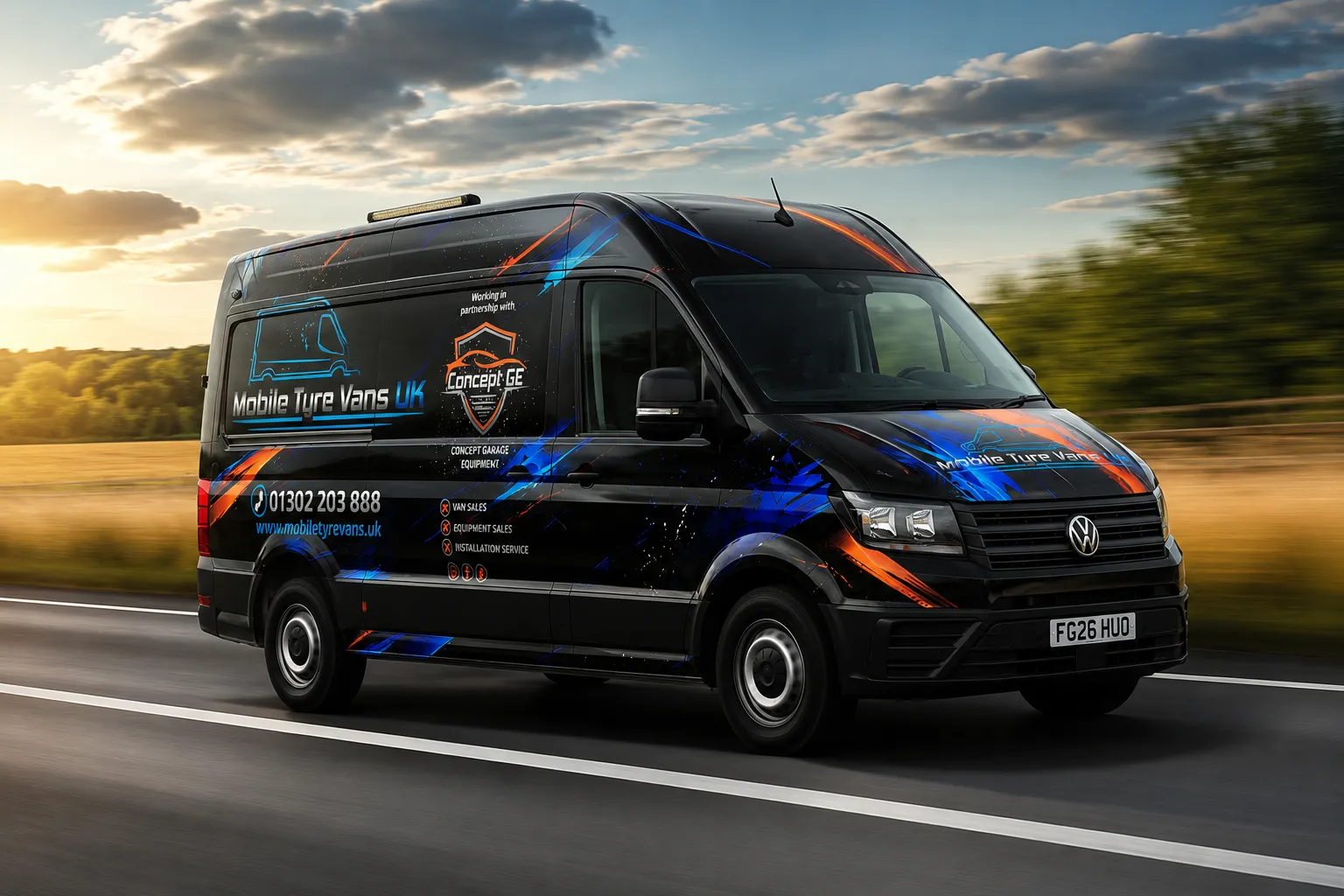 A liveried Mobile Tyre Vans UK van in black with blue and orange graphics, driving on a country road at sunset.