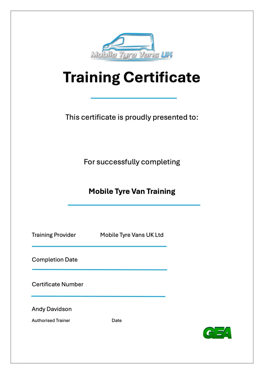 Mobile Tyre Vans UK training certificate